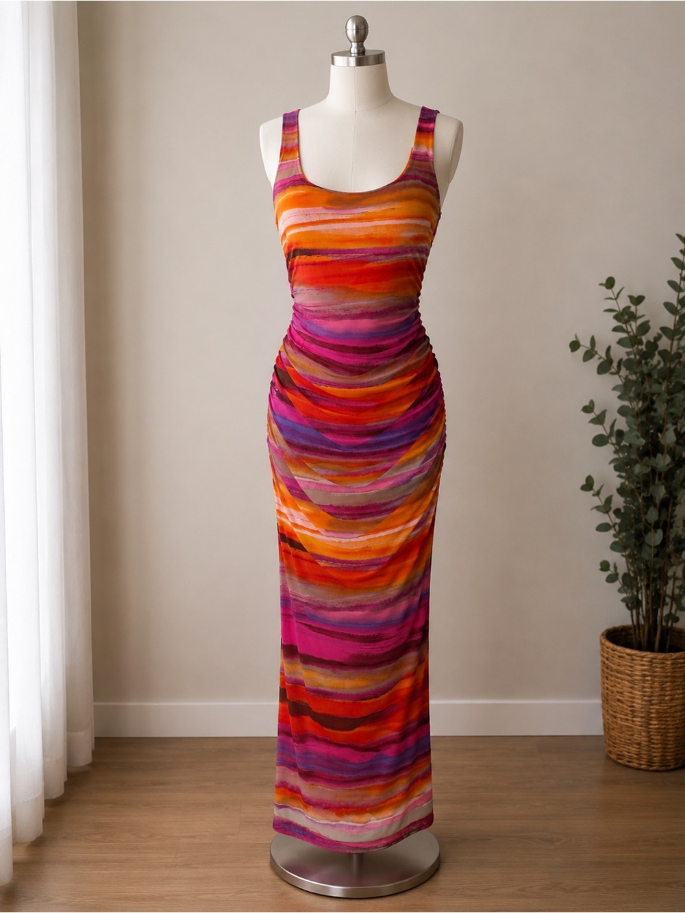 Bar III Scoop Neck Sleeveless Maxi Dress in Orange & Pink